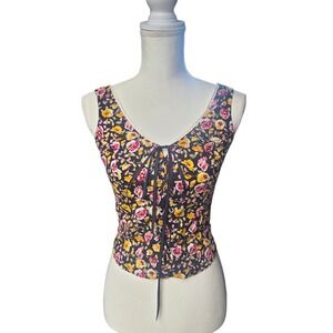 American Rag Cie Boho Floral Corset Top S Black Pink Yellow Lace Up Milkmaid Y2K
